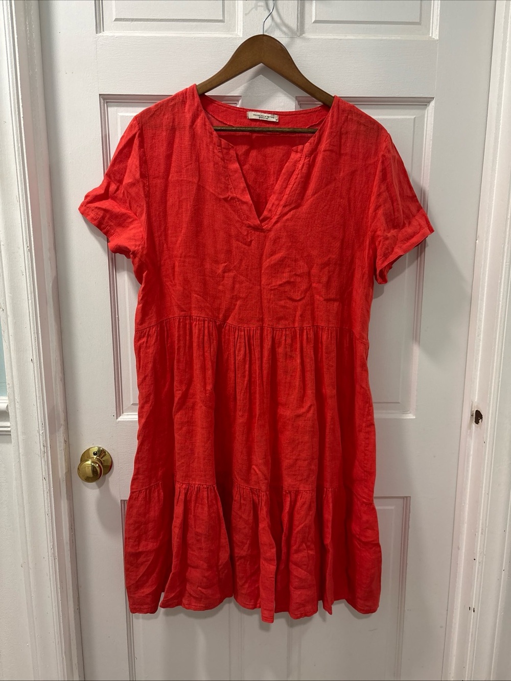 Francesca Bettini Women’s 100% Linen Tiered Dress Size Medium Bright Coral EUC
